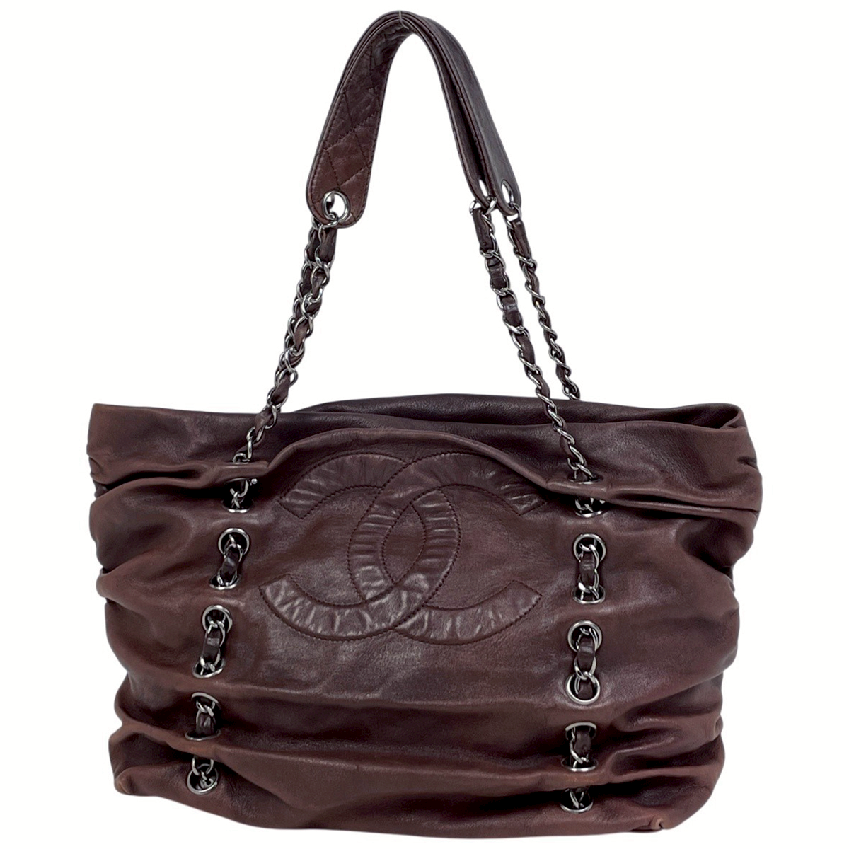 CHANEL ブラウンレザートートバッグ シャネル CHANEL ココマーク チェーン トートバッグ ショルダーバッグ